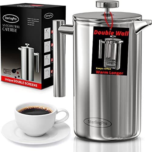 Quiseen Double Wall Stainless Steel French Press Coffee Maker 1 Liter -  34-Ounce