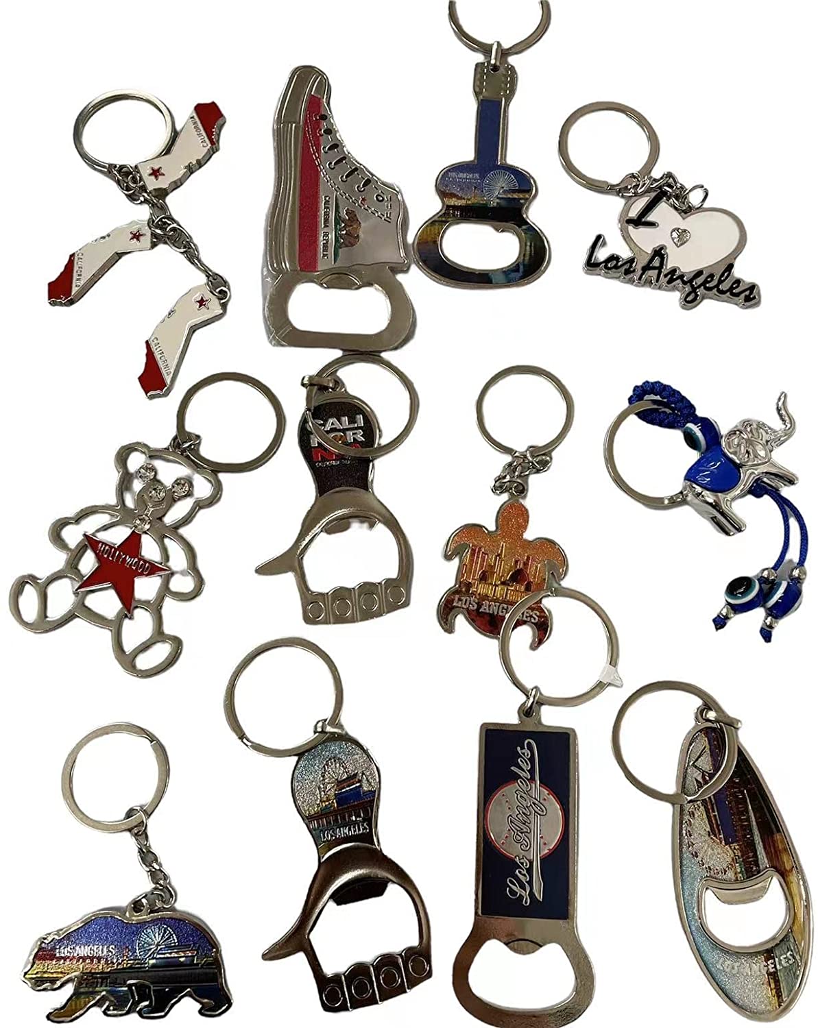 12 Pack NYC Silver Souvenir Collection New York Metal Keychain Ring Bundle  Bulk Includes 3pc Bottle Opener, Empire State, Freedom Tower, Statue Of