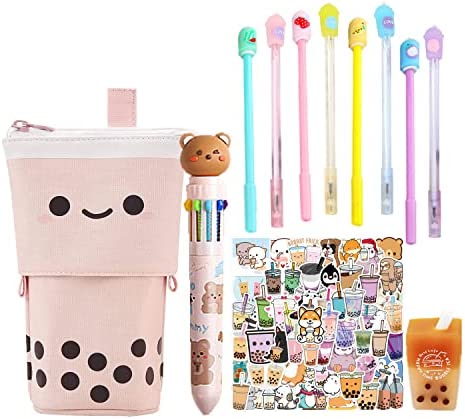 SEUPROPRA Pencil Case Standing Cute Telescopic Pop-Up Boba Pencil Holder with Zipper Kawaii Stationery Pencil Pouch Cosmetics Bag for School