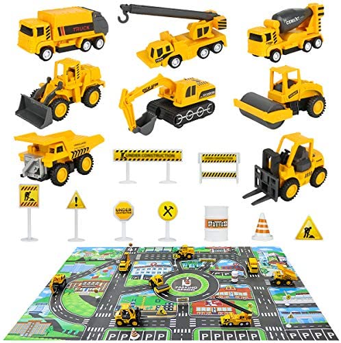 Construction Vehicles Truck Toys Set with Play Mat 8 Mini Engineer Diecast & 