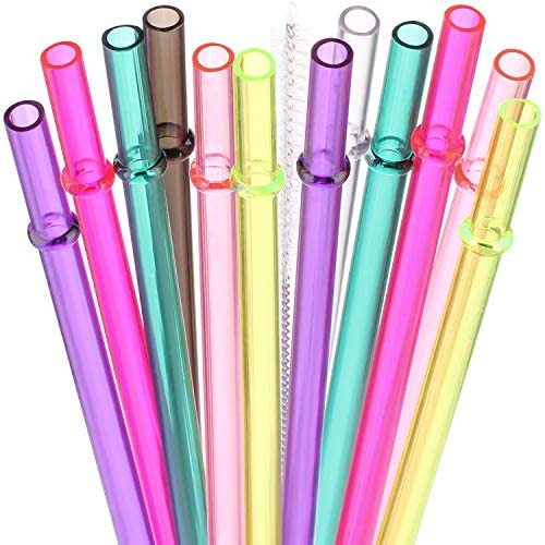 ALINK 12PCS Reusable Clear Pink Glitter Straws, 11 Long Hard