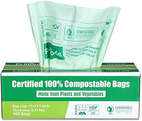 100% Compostable Trash Bags 1.6 Gallon/6 Liter Drawstring 125 Count BPI  ASTM D6400 Certified 
