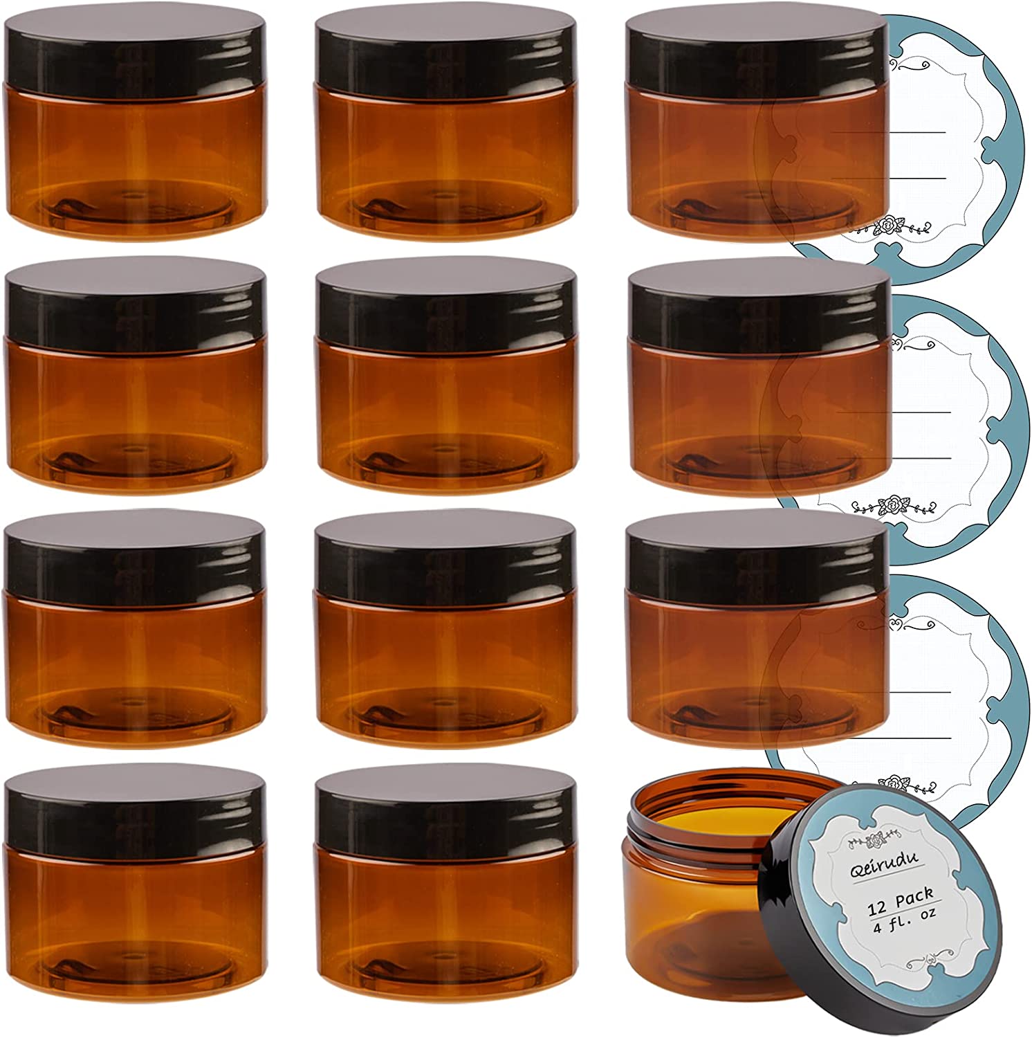 Vivaplex, 12, Amber, 4 oz Round Glass Jars, with Inner Liners and Black Lids  