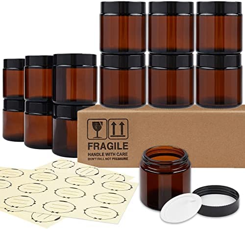 12 pack - Amber, 8 ounce, Round Glass Jars, with Black Lids, Jars for  Cosmetics and Face cream Lotion.