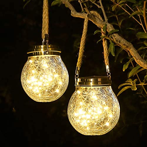 JOIEDOMI 2 Pack Outdoor Solar Hanging Lantern Lights, Waterproof Tabletop  Solar Lights with Handle, LED Solar Powered Moroccan Lanterns, Metal