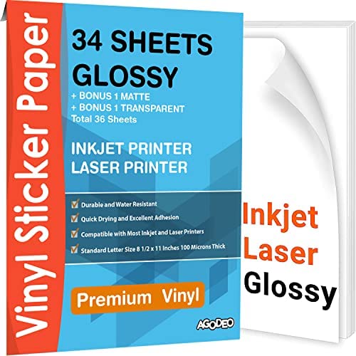 Printable Vinyl Glossy Sticker Paper for Inkjet Printer 100 Sheets White