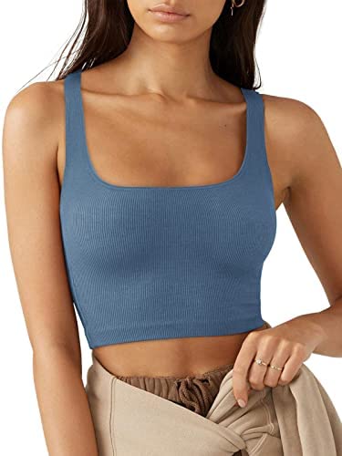 Meladyan Women Scoop Neck Lace Trim Crop Tank Top Patchwork Square Neck  Sleeveless Solid Slim Casual Cropped Cami Vest Tops Blue at  Women's  Clothing store