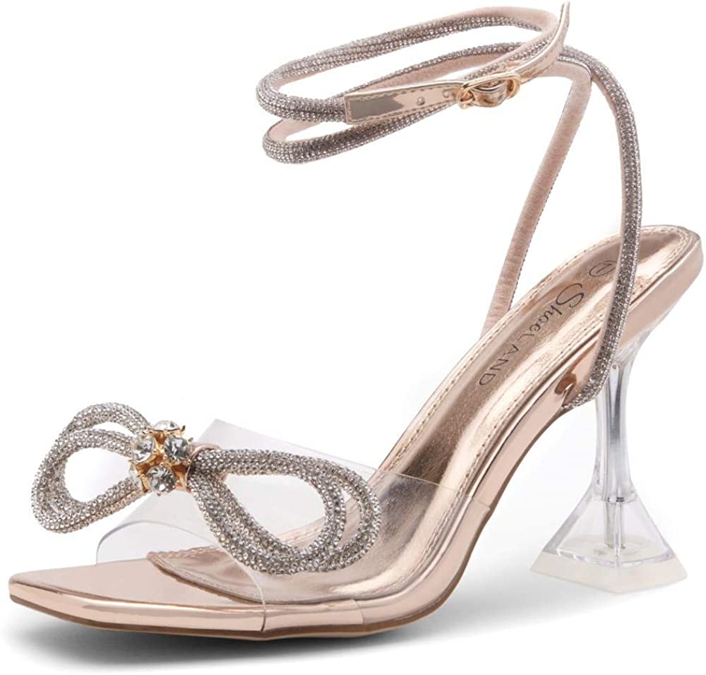 SIFINELAR Women's Rhinestone Bow Clear High Heels