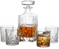 GoodGlassware Whiskey Decanter and Glasses (5 Piece Set) – Elegant Liquor Carafe with Ornate Solid Glass Stopper and 4 Matching Whisky Tumblers - Lead-Free and Dishwasher Safe: Liquor Decanters