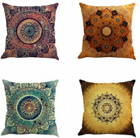 Jartinle Set of 4 Retro Floral Mandala Compass Medallion Bohemian Boho Style Summer Decor Cushion Case Decorative for Sofa Couch 18" x 18" Inch Cotton Line (Floral Compass Medallion): Home & Kitchen