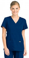 Grey's Anatomy Women's 4153 Junior-Fit Three-Pocket Mock-Wrap Scrub Top, Indigo, Medium: Medical Scrubs Shirts: Clothing