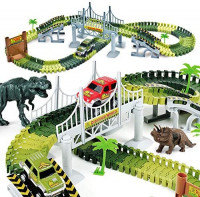 AUUGUU Kids Dinosaur Race Car Track – 156 Piece Dinosaur Road Race Set with Flexible Track, Dino Toys, Bridge, Ramps and 2 Race Car Toys – Prehistoric Race Track for Kids Age 3-5: Toys & Games