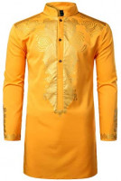 LucMatton Men's African Traditional Dashiki Luxury Metallic Gold Printed Mid Long Wedding Shirt at Men’s Clothing store