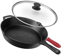 Pre-Seasoned Cast Iron Skillet (12-Inch) with Glass Lid and Handle Cover Oven Safe Cookware - Heat-Resistant Holder - Indoor and Outdoor Use - Grill, Stovetop, Induction Safe: Kitchen & Dining