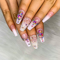 Artquee 24pcs French Nude Pink Ombre Ballerina with Rhinestones Long Coffin Fake Nails Press on Nail False Tips Manicure for Women and Girls : Beauty