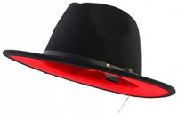 LONIY Trend Red Black Patchwork Wool Felt Jazz Fedora Hat Casual Men Women Leather Strap Wide Brim Felt Hat Trilby… at Men’s Clothing store