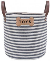 Park Life Designs Sienna Pet Toy Basket, Collapsible 100% Organic Cotton Rope Storage Bin with PU Leather Handles, Machine Washable, 12 by 12-inches