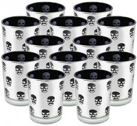 Just Artifacts Halloween Silver Glass Votive Candle Holders with Skull - (Set of 12, Silver Skulls)- Glass Votive Candle Holders for Halloween Parties and Home Décor: Home & Kitchen