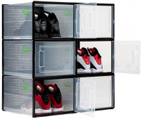 Shoepreem Stackable Shoe Storage Box, Set of 6 - Collapsible Containers for Organizing Sneakers - Clear Container Organizers for Shoes - Space Saving Accessories for Footwear (Black, Large): Home Improvement