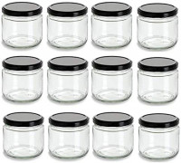 Nakpunar 12 oz Wide Mouth Glass Jars with Black Lids -Set of 12 - Salsa style: Home Improvement