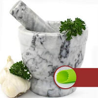 Mortar and Pestle Set - Polished White and Grey Marble Bowl with Bonus Garlic Peeler | Great for Guacamole! | 1.5 Cup Capacity. Protective Pad for Stability and Protected Counters: Kitchen & Dining
