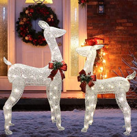 Joiedomi 2 Packs Christmas Reindeers, Doe, Fawn LED Yard Lights for Christmas Outdoor Yard Garden Decorations, Christmas Event Decoration, Christmas Eve Night Decor