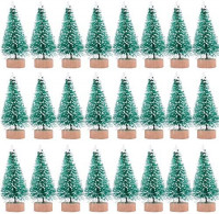 24 Pieces Artificial Mini Christmas Sisal Snow Frost Trees with Wood Base Bottle Brush Trees Plastic Winter Snow Ornaments Tabletop Trees for Christmas Party Home Decoration (Green): Kitchen & Dining