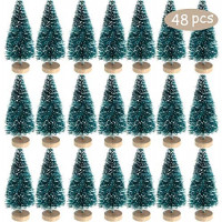 Mini Sisal Snow Frost Trees Winter Mini Pine with Wood Base Bottle Brush Trees Plastic Winter Snow Ornaments Tabletop Trees for Christmas Decoration and Display (48 Pieces, Size 2): Home & Kitchen