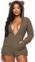 Womens Cartoon Bear Onesise Sleepwear Cute Fuzzy Warm Sherpa Fleece Hooded Romper Short Jumpsuit Playsuit: Clothing