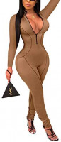 ECHOINE Women's Sexy Zip Up One Piece Outfits Deep V-Neck Long Sleeve Bodycon Long Pants Party Clubwear Jumpsuit Romper: Clothing