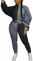 Sexy 2 Piece Outfits Tracksuit for Women- Puff Sleeve Lace Up Cropped Pullover Sweatshirts Jogger Sweatpants Sets Sweatsuits at Women’s Clothing store