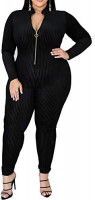 IyMoo Sexy Plus Size Jumpsuits for Women - Long Sleeve Leopard Print Zip V Neck Bodycon Long Romper Playsuits: Clothing