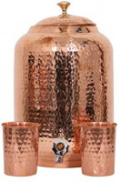 Handicraft Handloom Indian Handmade Hand Hammered Pure Copper Water Dispenser Pot 4 Liter Ayurveda Healing Water Storage Tank Copper Bottle Mug Pitcher With 2 Hammered Glasses: Glassware & Drinkware