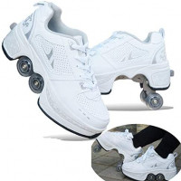 MLyzhe Four-Wheeled Roller Shoes Female Automatic Dual-Purpose Skates Casual Deformation Double-Row Roller Skates (40, White Silver): Home & Kitchen