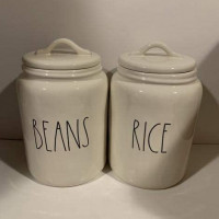 Rae Dunn RICE & BEANS Canister Set of 2 - Large - 9 inches tall - 6 inches diemeter: Kitchen & Dining
