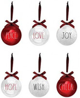 Rae Dunn Christmas Ornaments - Set of 6 Glass Balls - Red, White, Clear - Peace, Love, Joy, Hope, Wish, Cheer - 60mm / 2.36 Inch Hanging Holiday Decorations for Xmas Tree: Home & Kitchen