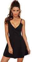 SheIn Women's V Neck Spaghetti Straps Sleeveless Sexy Backless Wrap Flare Dress at Women’s Clothing store