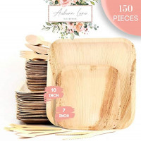 Auburn Lane Palm Leaf Plates, Disposable, Eco Friendly, and Biodegradable Dinnerware Party Pack of 150 Pieces, Just Like Bamboo Plates 50 (10"+7") Square Plates 100 Wood Forks Knives Spoons: Kitchen & Dining