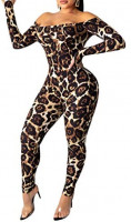Uni Clau Women Off Shoulder Leopard Jumpsuit - Sexy One Piece Outfits Long Sleeve Bodycon Leopard Clubwear Rompers: Clothing