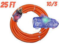 25 ft 10 Gauge extension cord Heavy Duty Indoor Outdoor Triple Outlet Extension Cord 10/3 125 volt, 1875 watt, 5-15P/R, UL Listed 10 gauge Power extension cord 10 3 prong 25 ft