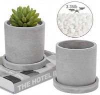 MyGift 4-inch Modern Gray Cement Planter Pots with Saucer & Mini White Pebble Vase Fillers, Set of 2: Home & Kitchen