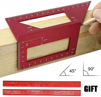 Aluminum Alloy Saddle Layout Square Gauge with 2 Pencils, Multifunctional 45/90 Degree Angle T Ruler 3D Mitre Angle Woodworking Measuring Tools