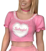 Littleforbig Kawaii Crop top Puff Sleeve Scoop Neck Shirt at Women’s Clothing store